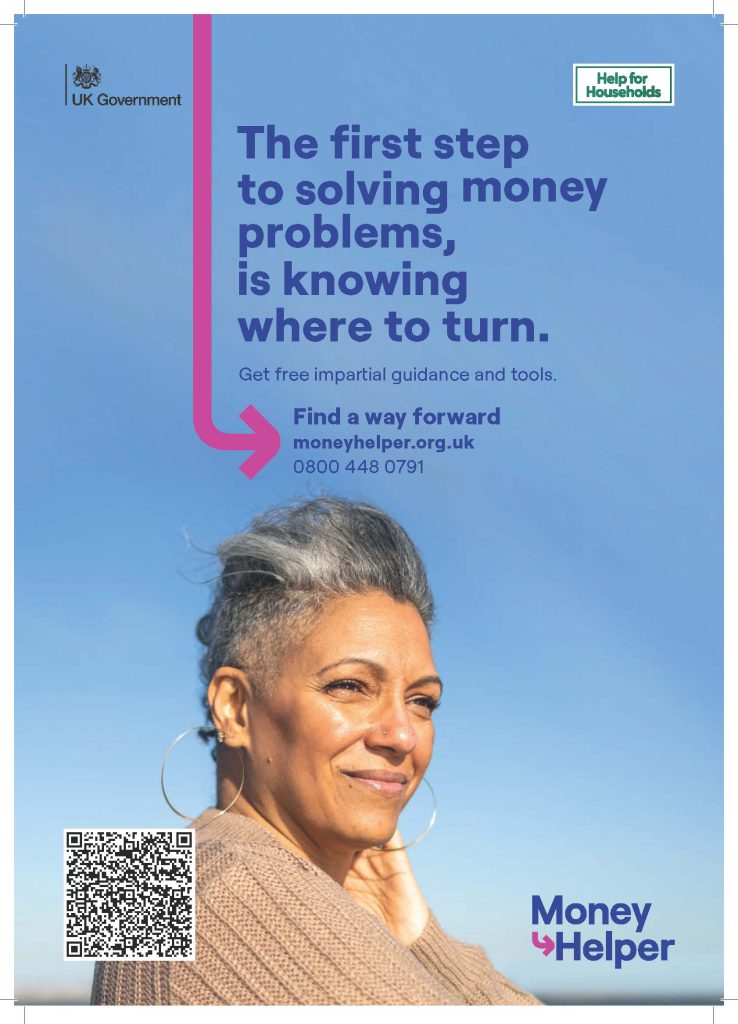 Woman looking to the side with the words 'The first step to solving money problems is knowing where to turn