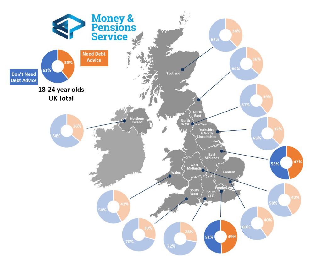 Map of UK showing differences between those needing debt advice and not, highlighting London and the East Midlands in particular